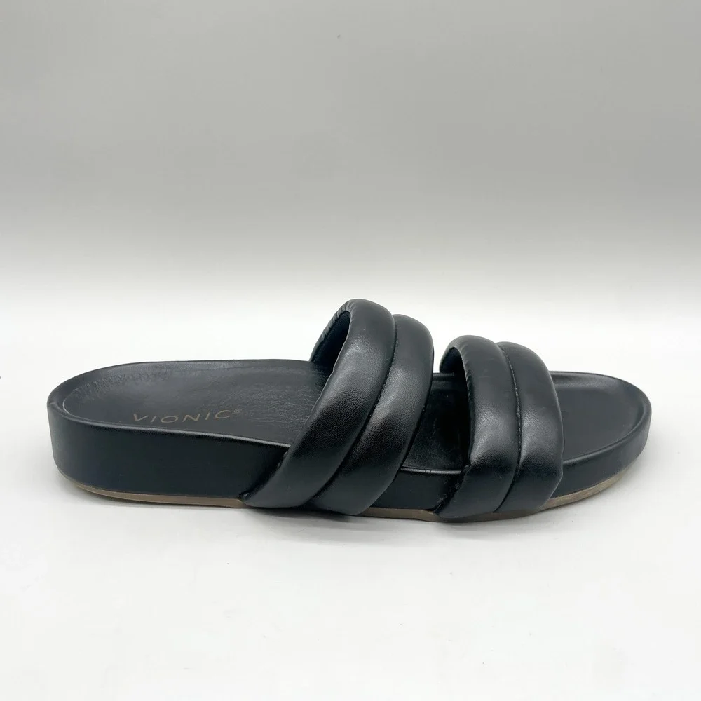 Vionic Womens 10 Mayla Slide Sandals Black Padded Leather Two Strap Orthotic